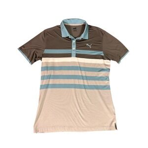 Puma Men's Striped Polo Shirt Size M - Grey and Blue